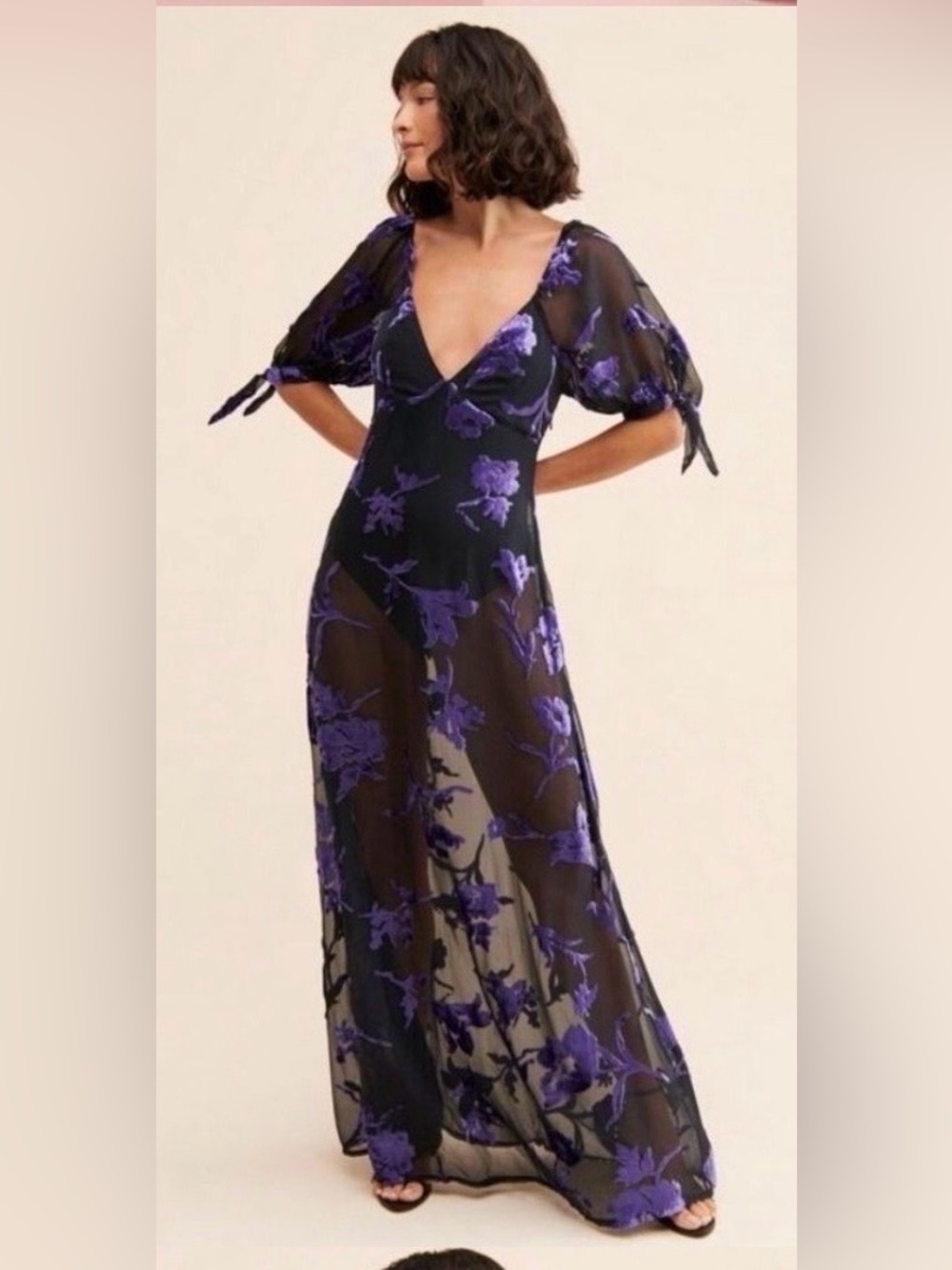 Free People Dahilia Maxi Dress Floral Velvet Mesh Strappy Tie Purple Navy size S